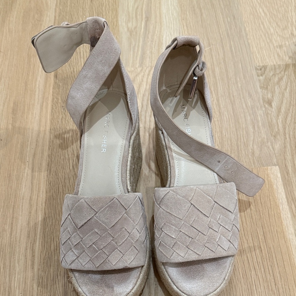 Marc Fisher Taupe Woven Strap Wedges